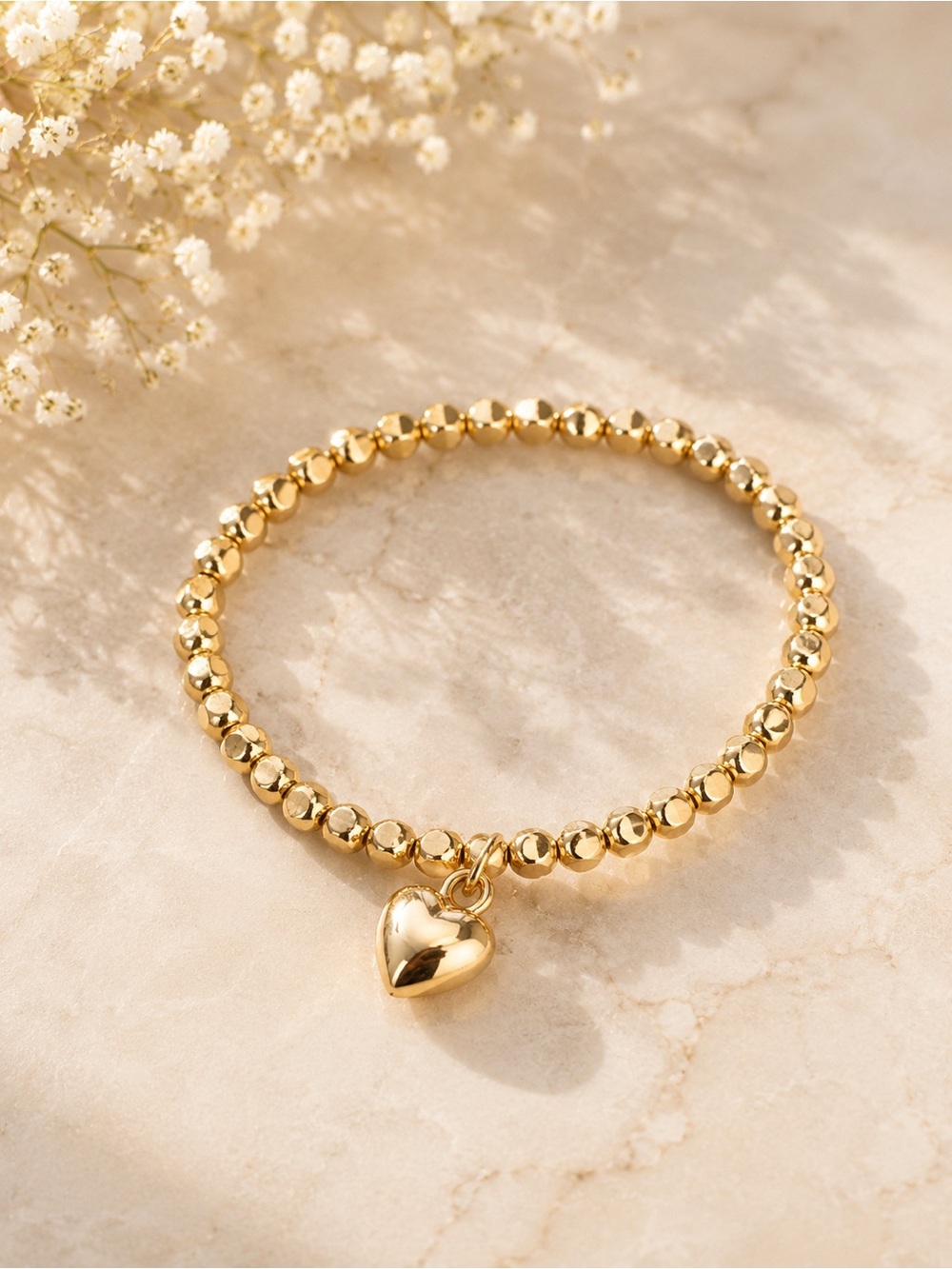 Gold Beaded Heart Charm Bracelet - Women's Jewelry